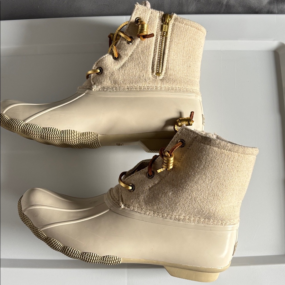 Sperry Duck Boots Womens Sz 10 Beige Canvas Rubber Rain/Snow Lace Up Waterproof - Picture 5 of 9